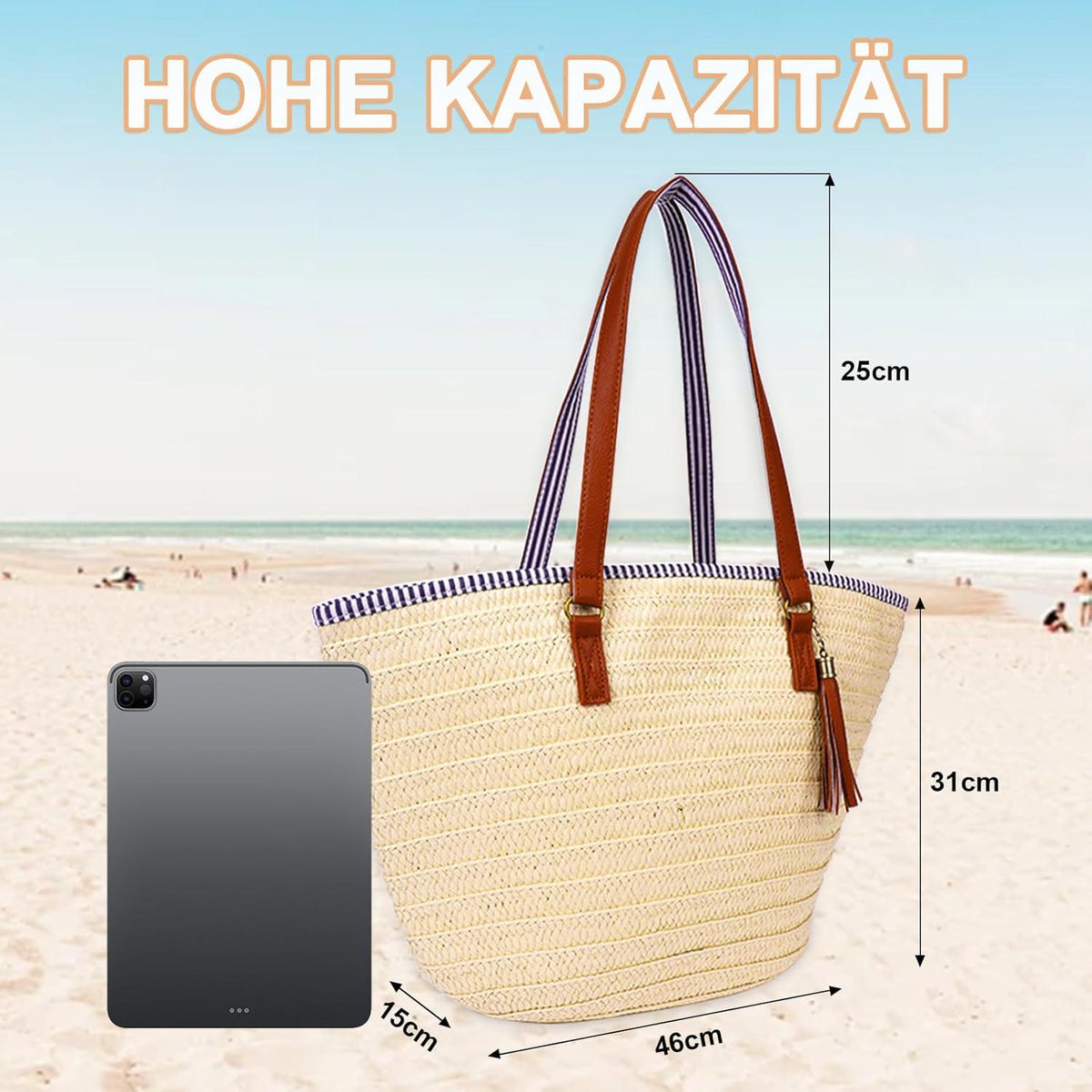 Strohtasche Damen Strand Geflochten Groß Korbtasche Handtasche Strandtasche