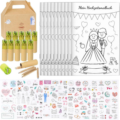 Kinder Hochzeitsmalbuch 10er Set mit Buntstiften & Aufklebern