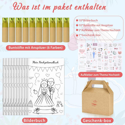 Kinder Hochzeitsmalbuch 10er Set mit Buntstiften & Aufklebern