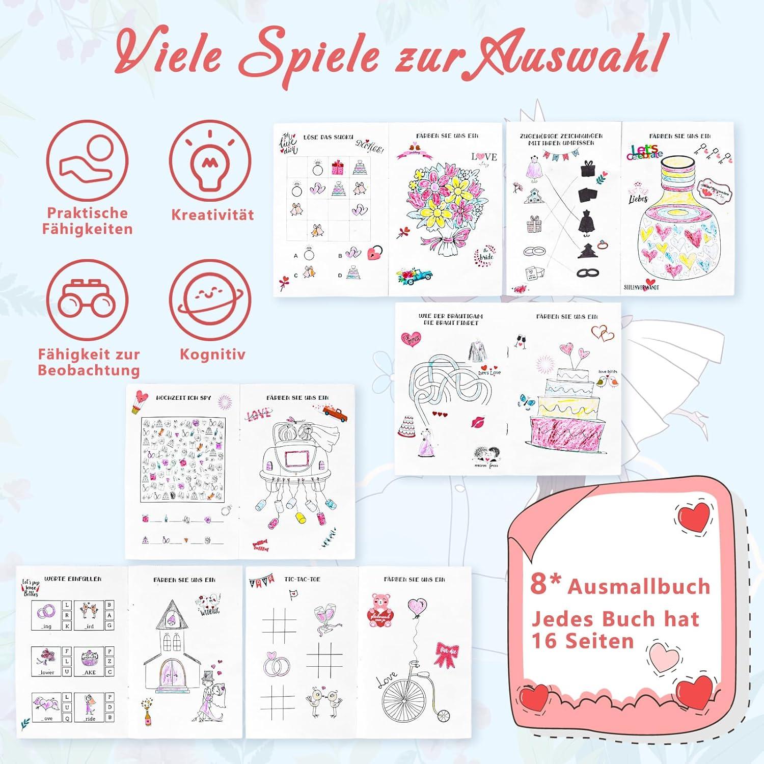 Herefun Hochzeitsmalbuch für Kinder 10er Set - Malbuch Hochzeit mit Buntstiften & Aufkleber