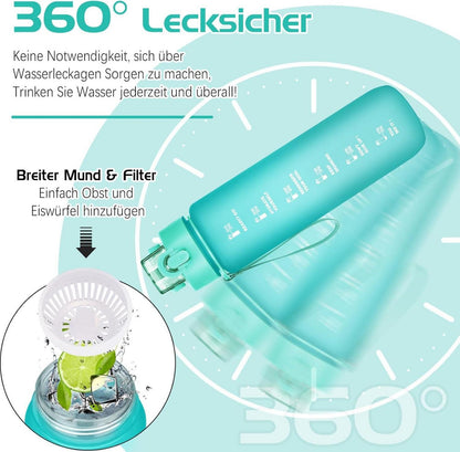 Sport Trinkflasche 1l BPA-frei Auslaufsicher Zeitmarkierung Fitnessdeo