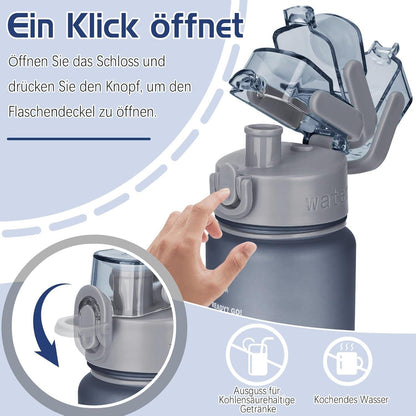 AOHAN Trinkflasche 1L BPA-frei Sport mit Zeitmarkierung Grau Fitness Outdoor