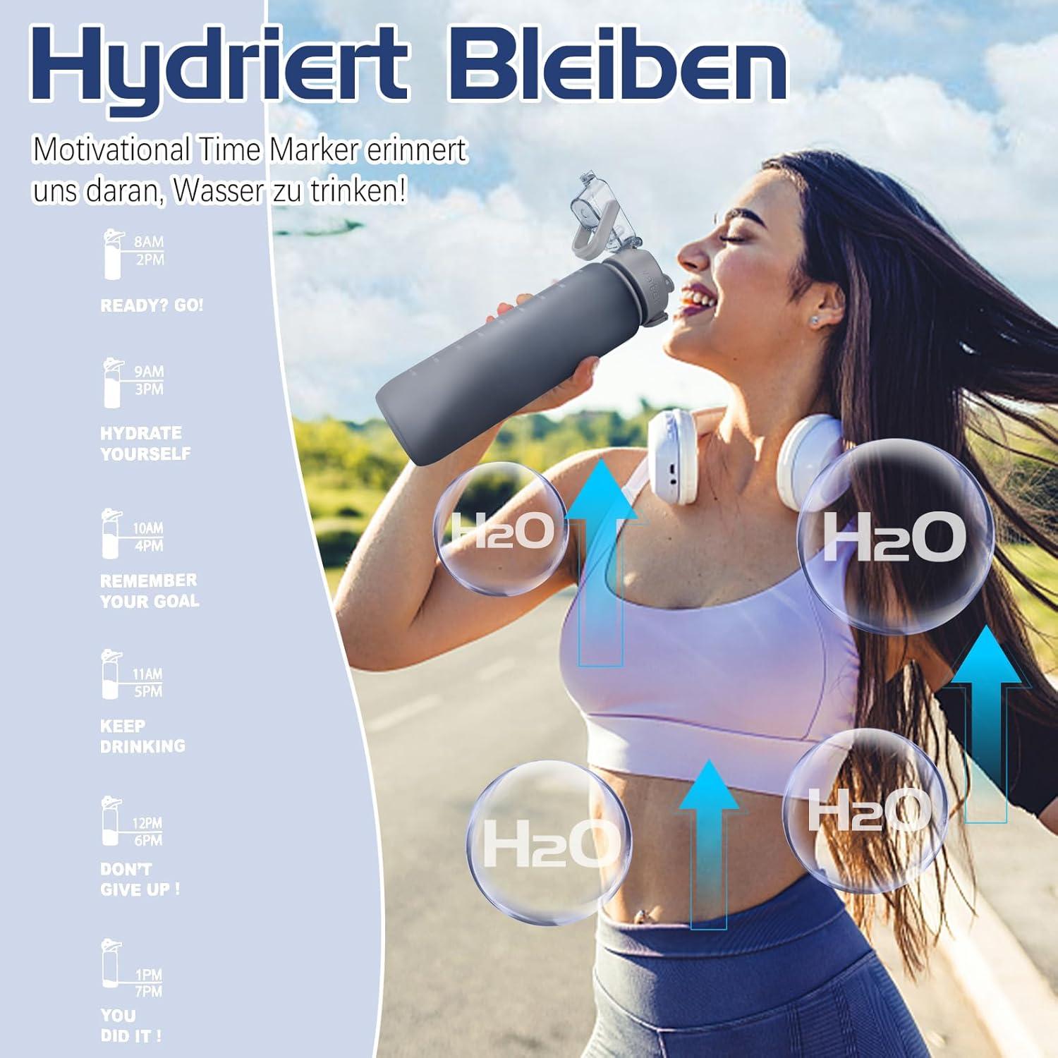Trinkflasche 1l BPA-frei Auslaufsicher Sportflasche Zeitmarkierung Grey
