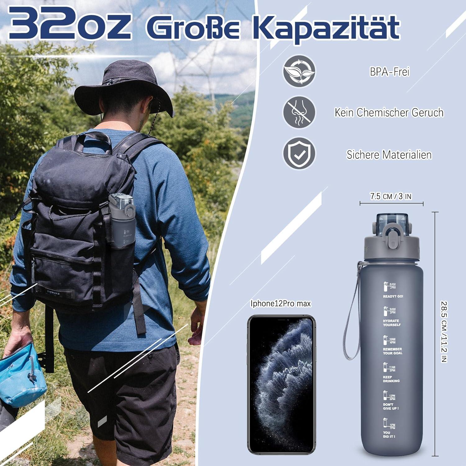 Sport Trinkflasche 1l BPA-frei Auslaufsicher Zeitmarkierung Fitness