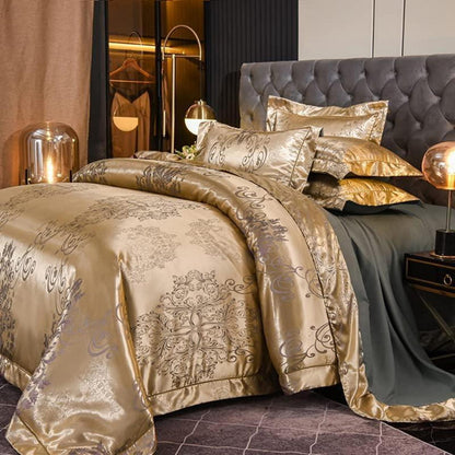 Satin Bettwäsche Set Gold 135x200 - Blumenmuster Jacquard