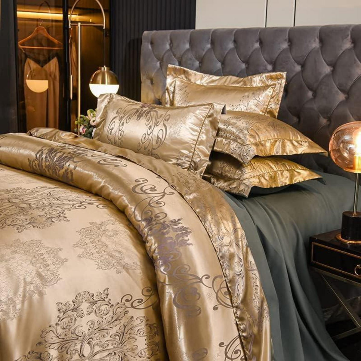 Satin Bettwäsche Set Gold 135x200 - Blumenmuster Jacquard