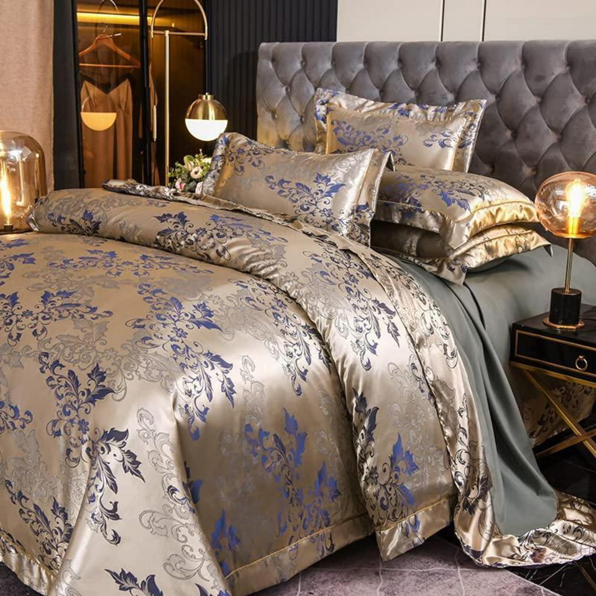 Satin Bettwäsche-Set Gold Blau Blumenmuster 200x220+80x80