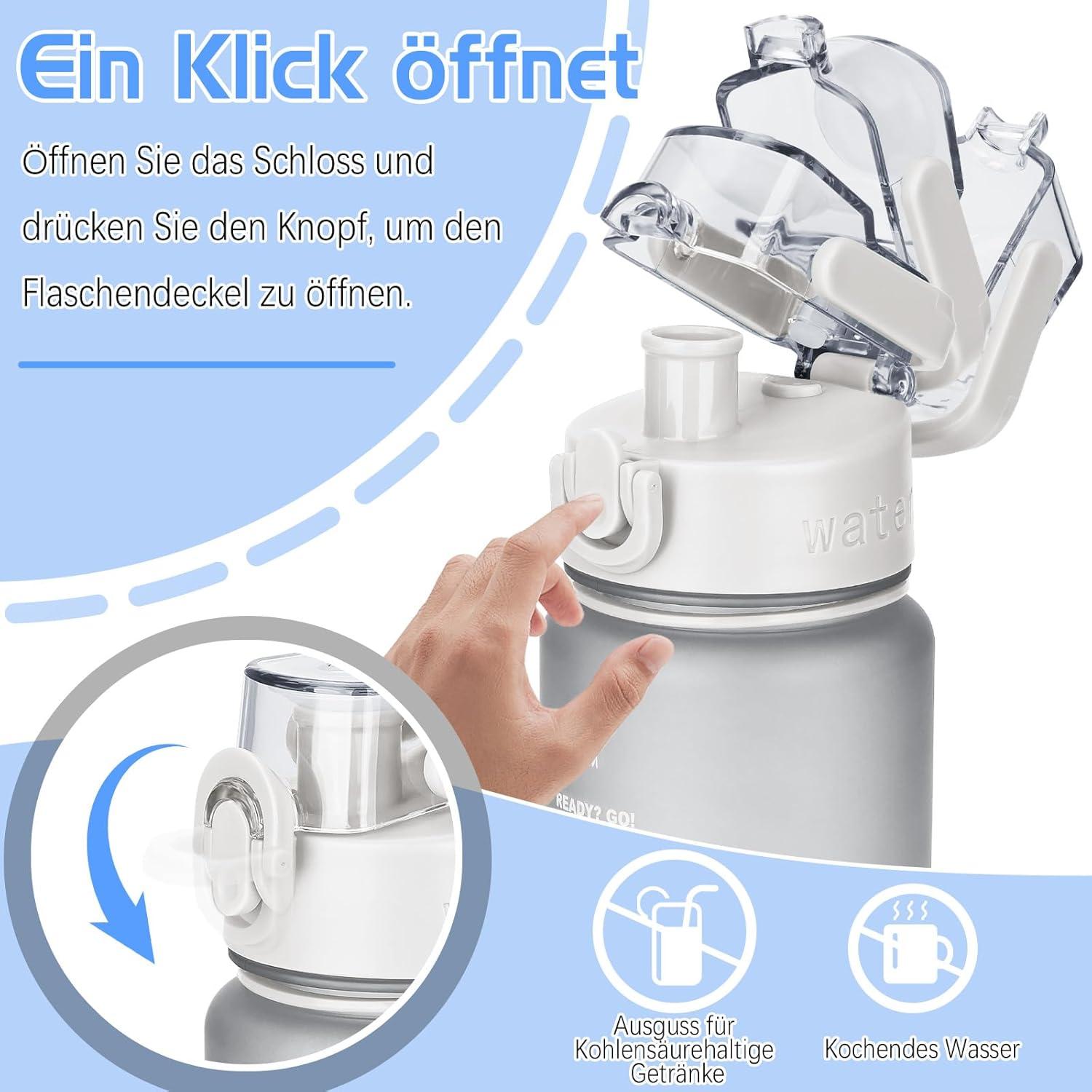 AOHAN Trinkflasche 1l BPA-Frei Auslaufsicher Sport Zeitmarkierung Fitness Büro Schule Outdoor