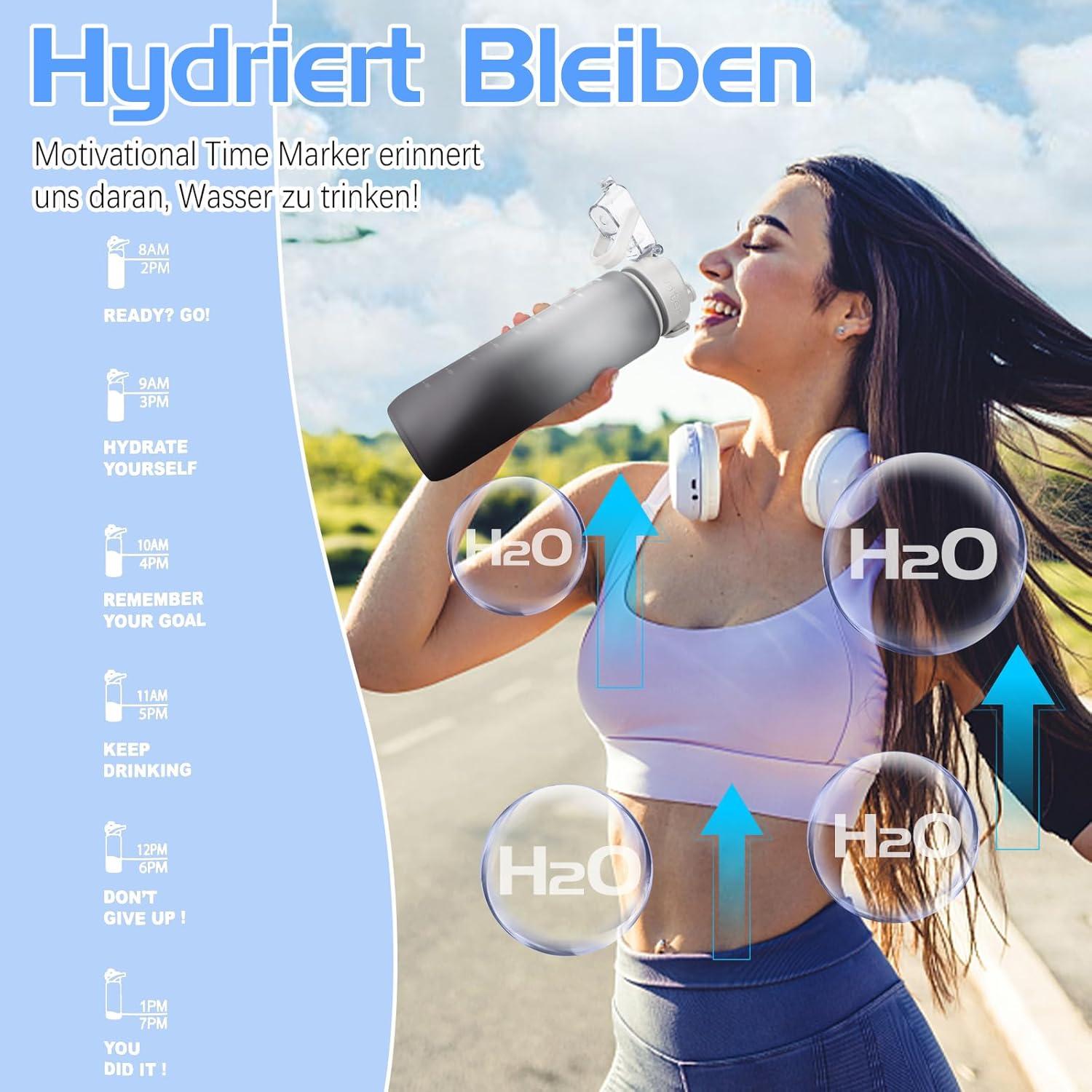 Sport Trinkflasche 1l BPA-frei mit Zeitmarkierung - Fitness Büro Outdoor