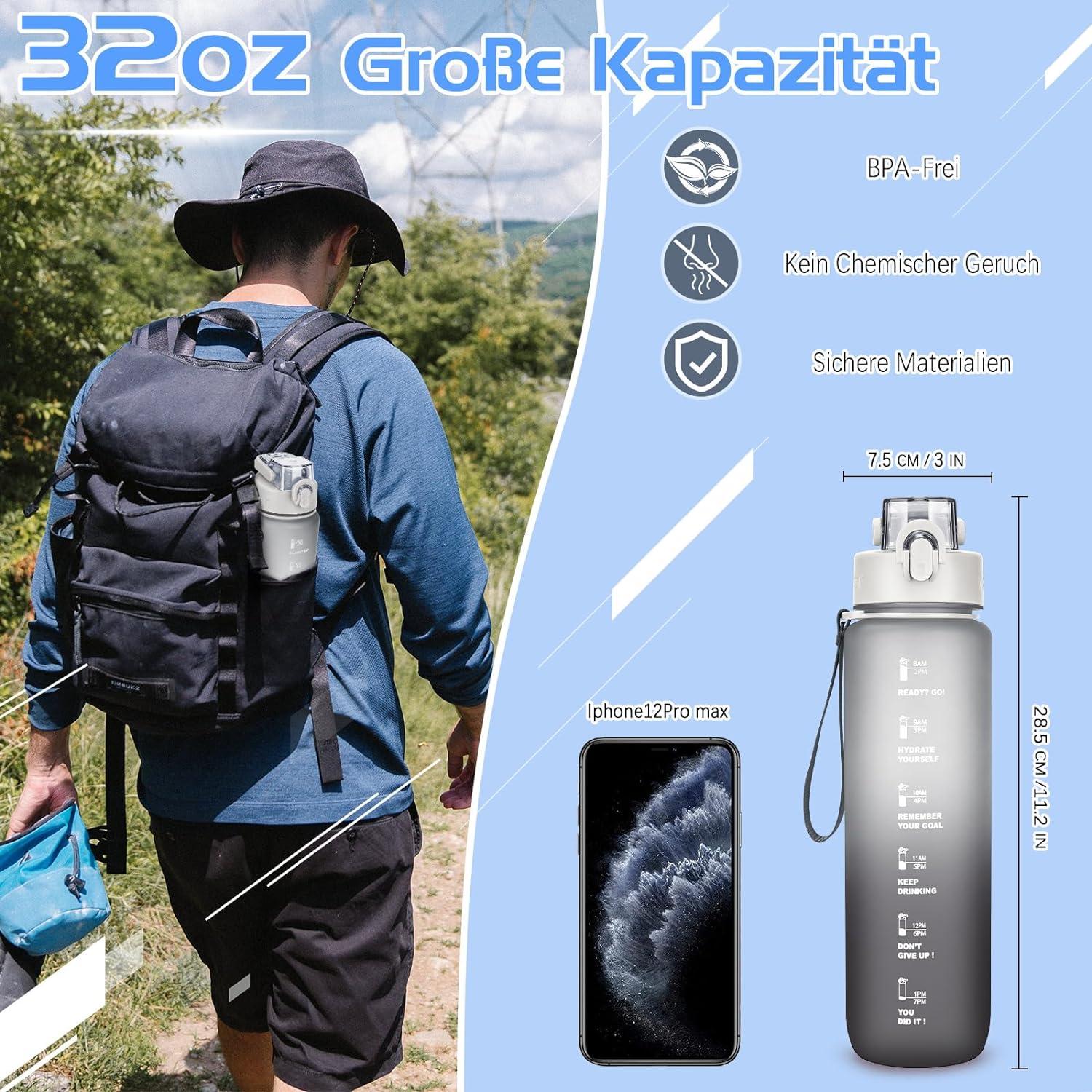 Trinkflasche 1l BPA-Frei Sport Auslaufsicher mit Zeitmarkierung für