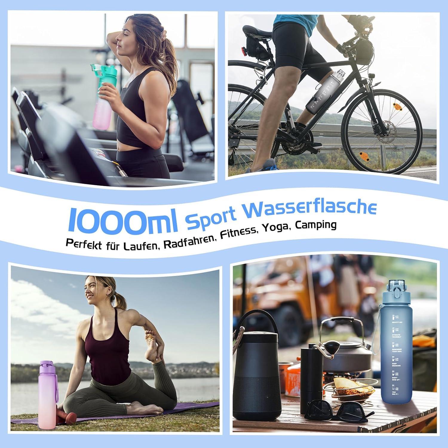 Sport Trinkflasche 1l BPA-frei mit Zeitmarkierung - Fitness Büro Outdoor