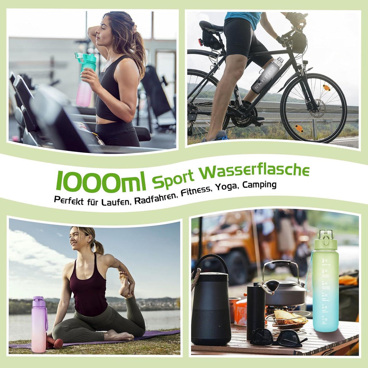 Trinkflasche 1l BPA-frei Auslaufsicher Sportflasche Zeitmarkierung Fitnes