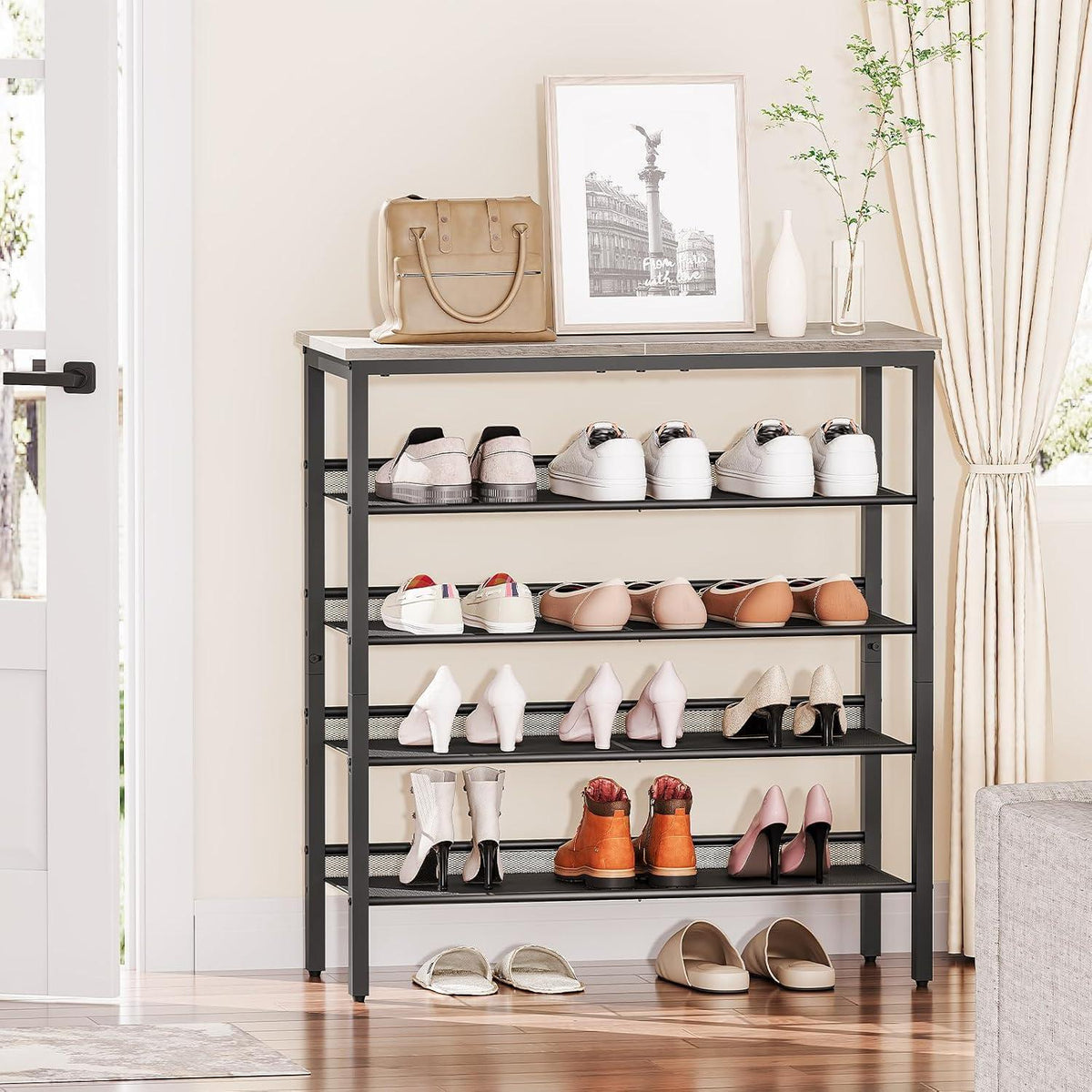 5-stöckiges Schuhregal mit Metallgitter – Greige & Schwarz