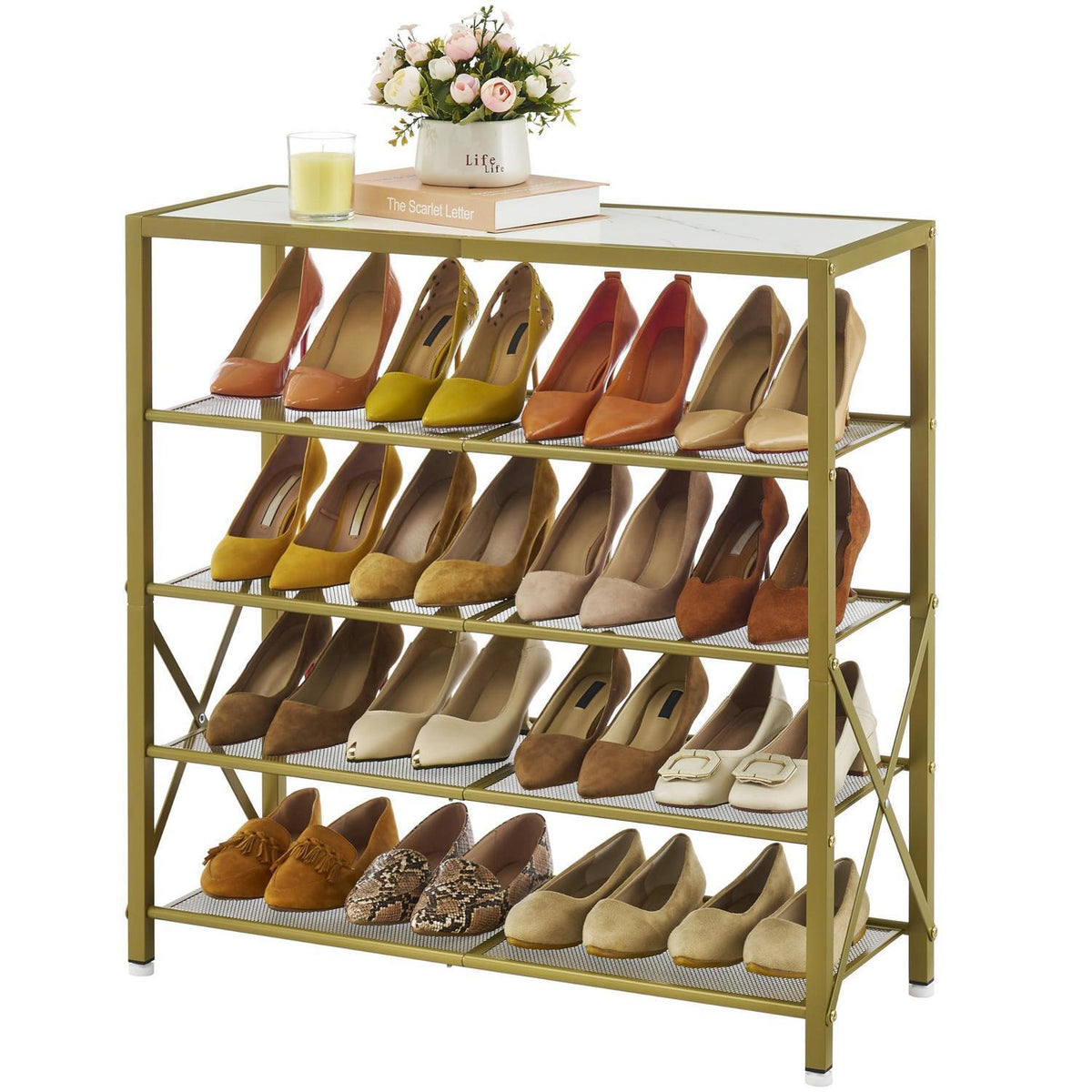 Schuhregal 5 Ebenen – Industrielles Metallgitter, Weiß & Gold