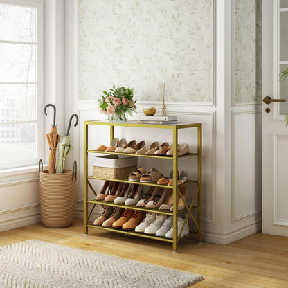 Schuhregal 5 Ebenen – Industrielles Metallgitter, Weiß & Gold