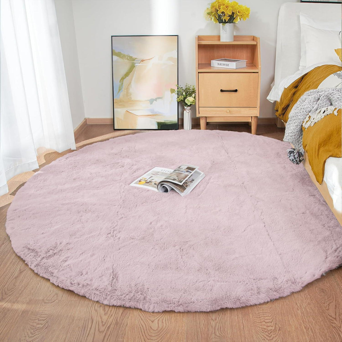 Runder Flauschteppich Rosa 240 cm – Weicher Kunstfell Teppich