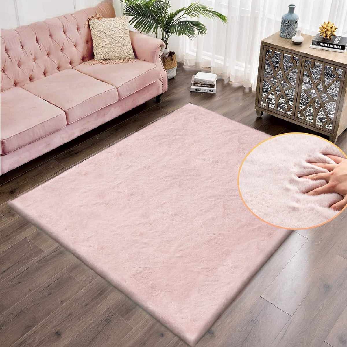 Flauschiger Rosa Teppich 150x240 cm – Weicher Kunstfell Wohnteppich
