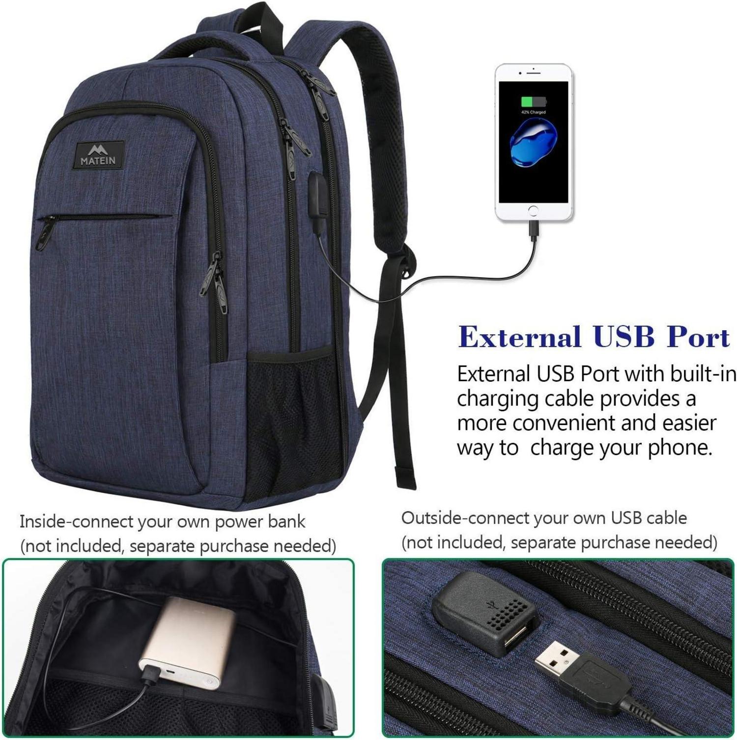 Matein Laptop-Rucksack 17,3 Zoll USB-Ladeanschluss Wasserdicht Blau