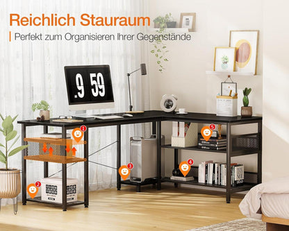 L-förmiger Gaming Schreibtisch Schwarz mit USB-Anschlüssen, Stauraum