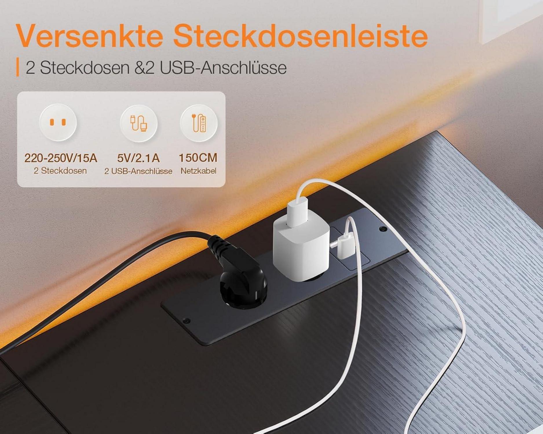 Gaming Schreibtisch L-Form mit Stauraum und Stromanschluss, Schwarz