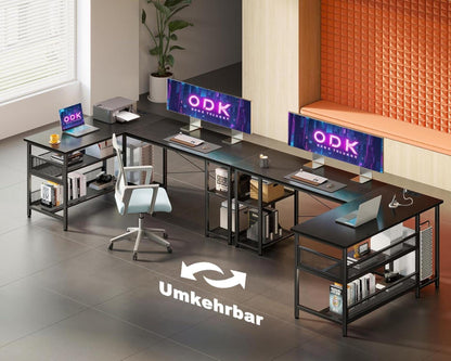 L-förmiger Gaming Schreibtisch Schwarz mit USB-Anschlüssen, Stauraum