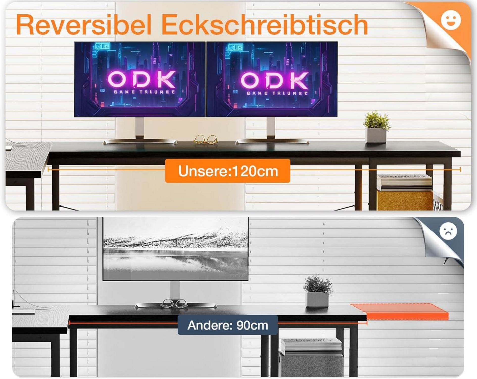 ODK Gaming Eckschreibtisch L-Form Schwarz 168×120cm mit Stauraum und USB-Anschlüssen