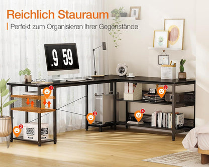 Gaming Schreibtisch L-Form mit Großer Stauraum und integrierter Stromversorgung