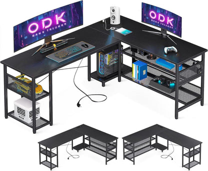 ODK Gaming Eckschreibtisch L-Form Schwarz 168×120cm mit Stauraum und USB-Anschlüssen