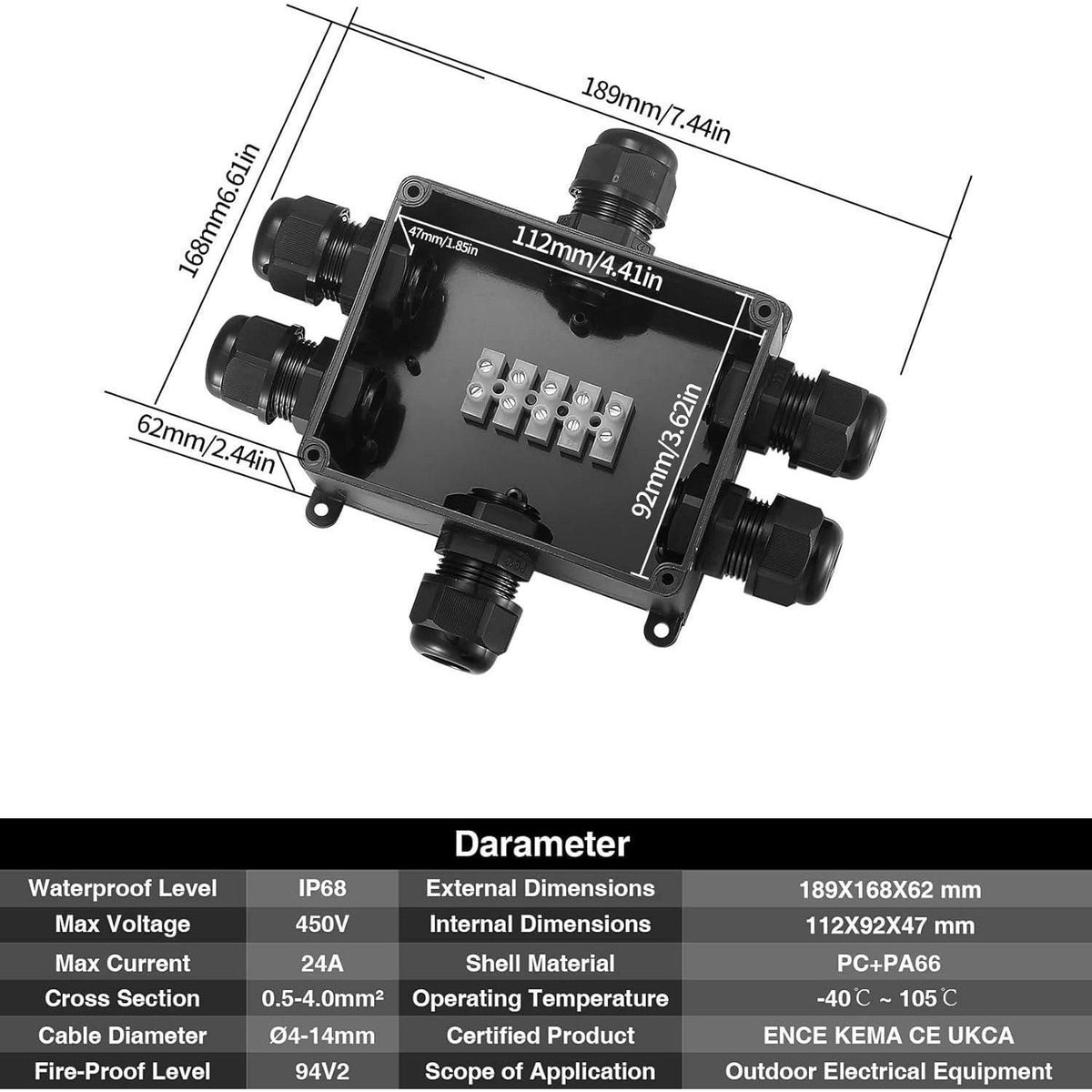 IP68 Wasserdichte Abzweigdose 6 Wege für Ø4-14mm Kabel