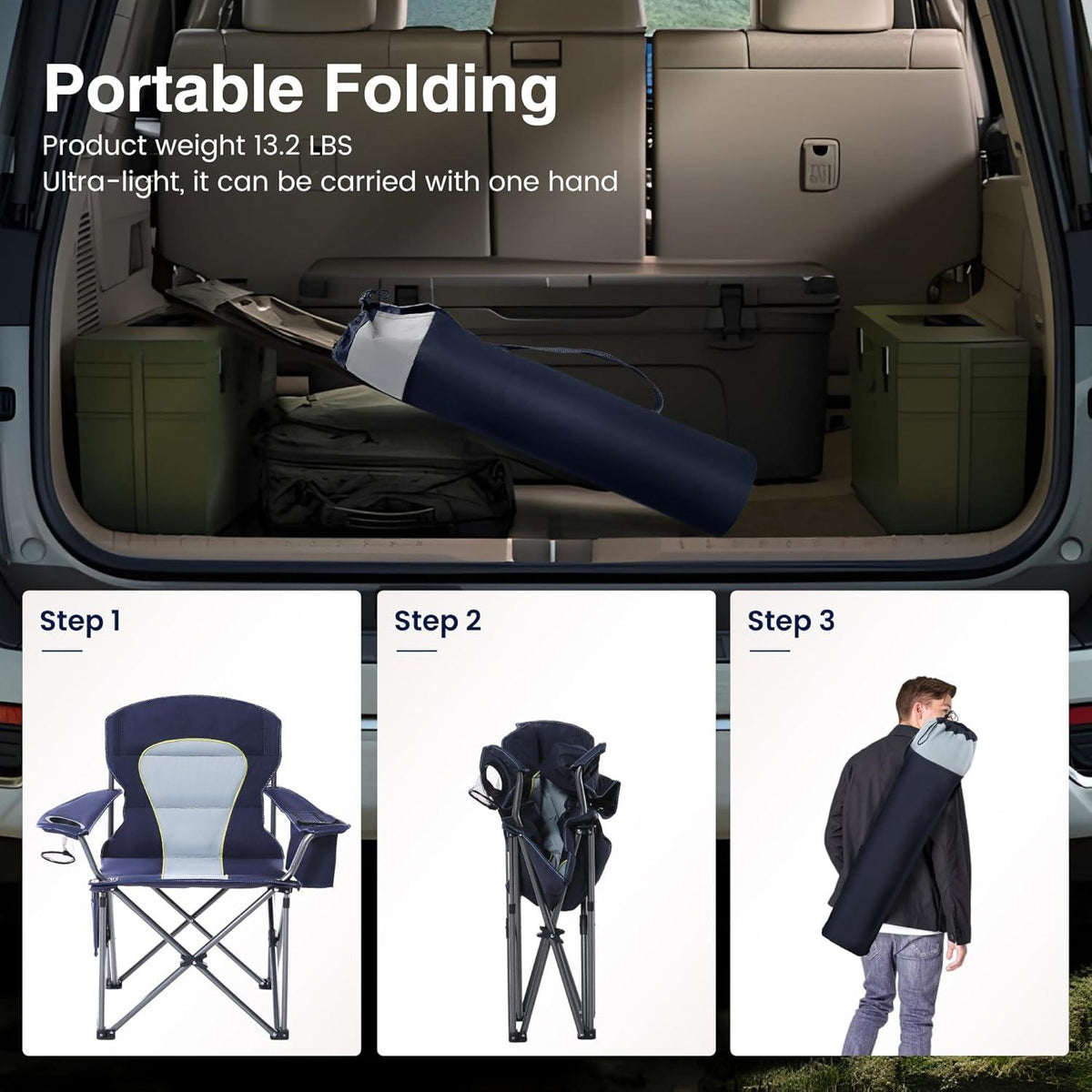Campingstuhl XXL 200kg Faltbar Gepolstert Getränkehalter Navy Blau