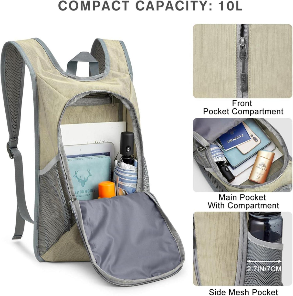 Leichter Faltbarer Wanderrucksack Beige 10L Tagesrucksack
