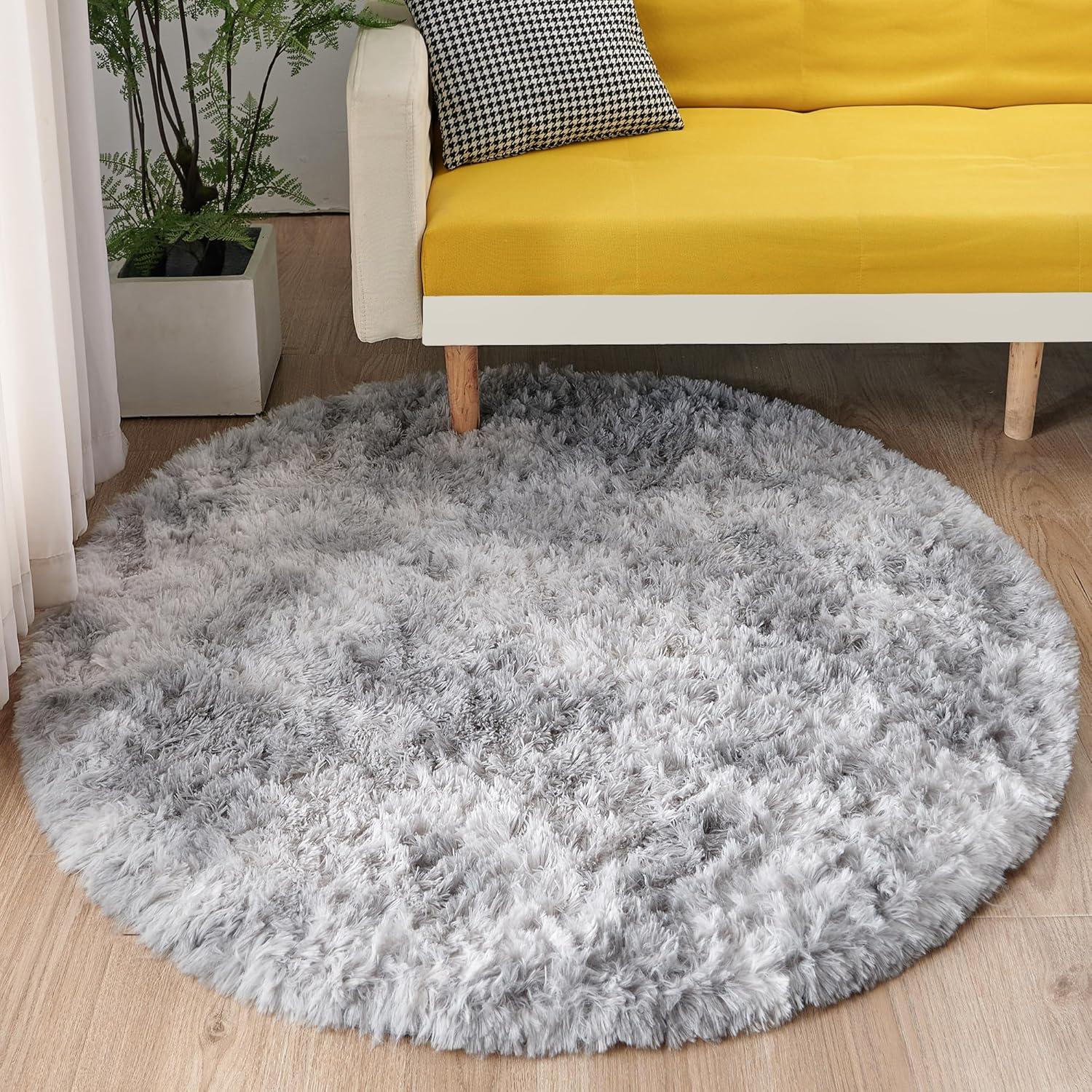 ROHATIM Plüsch Teppich Rund Flauschiger Teppich für Wohnzimmer Mädchen Kinderzimmer Ø 100 cm Hellgrau