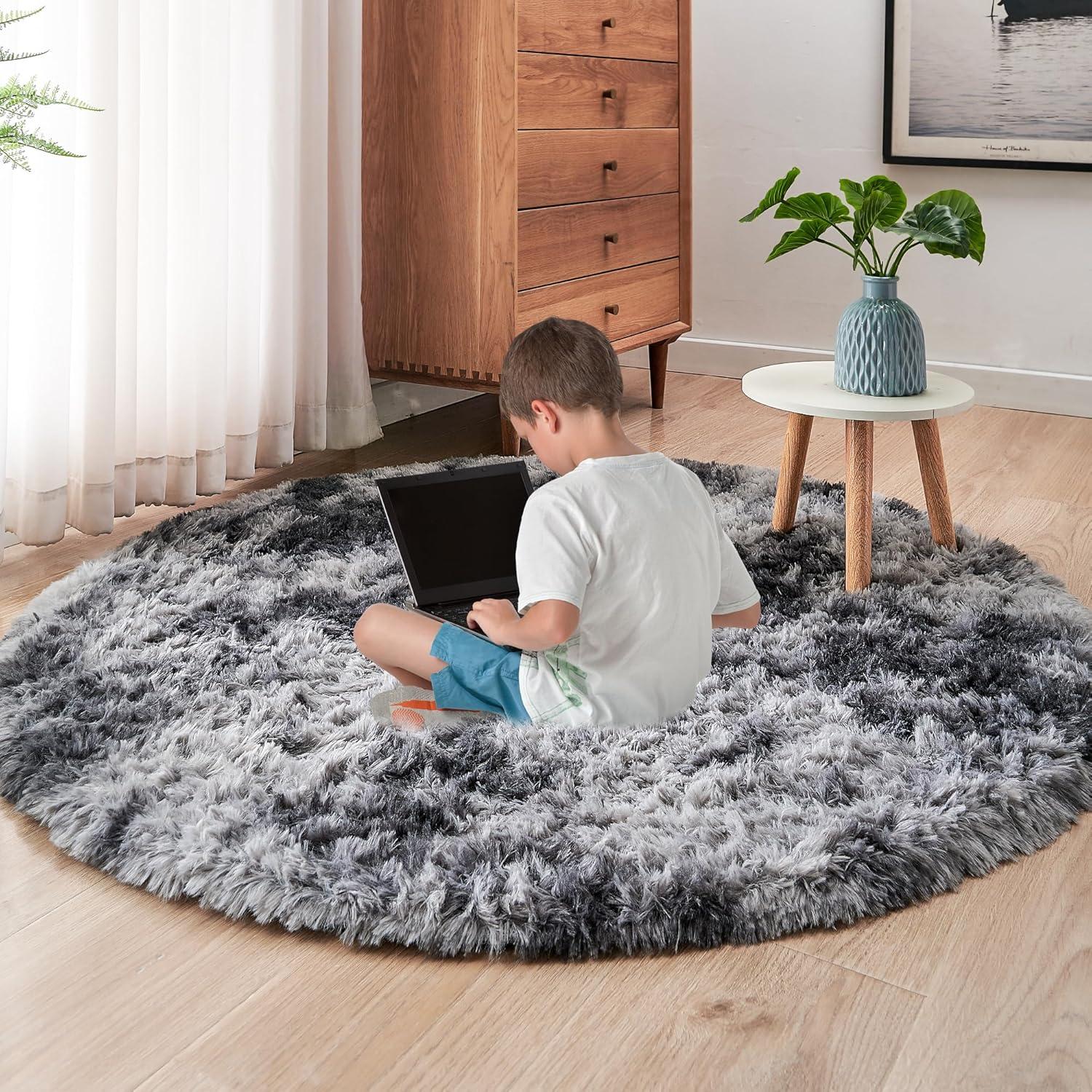 ROHATIM Plüsch Teppich Rund 120 cm Dunkelgrau Wohnzimmer Kinderzimmer
