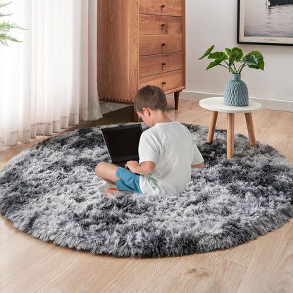 ROHATIM Plüsch Teppich Rund 120 cm Dunkelgrau Wohnzimmer Kinderzimmer