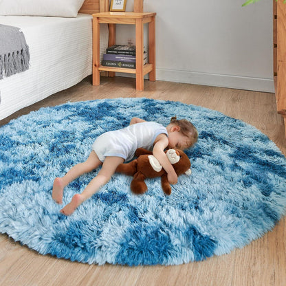 ROHATIM Plüsch Teppich Rund Flauschig Wohnzimmer Kindermatte 100cm Blau