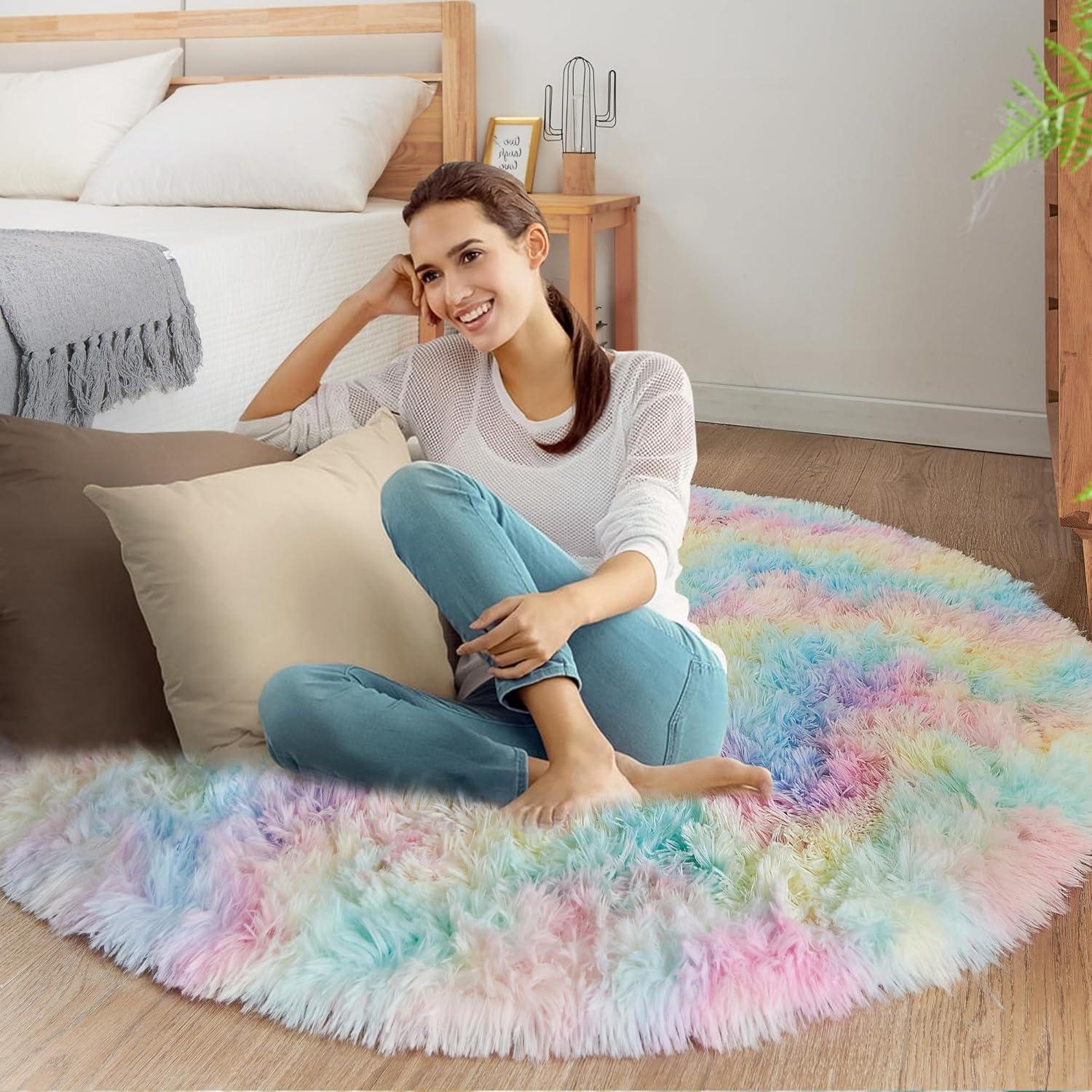 ROHATIM Plüschteppich Rund 100cm Flauschiger Wohnzimmerteppich