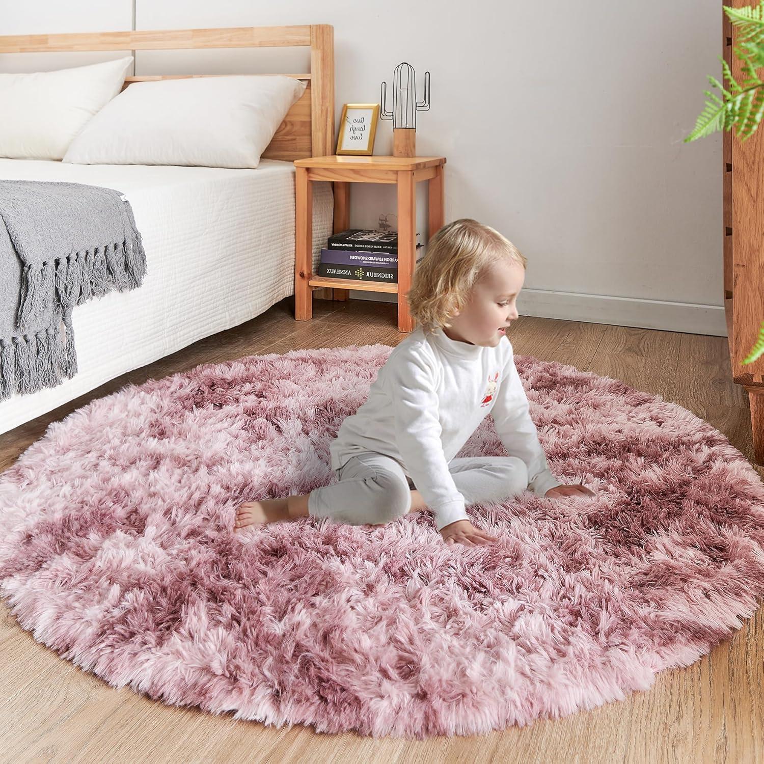 Plüsch Teppich Rund für Wohnzimmer Mädchen Lila-rosa 150 x 150 cm