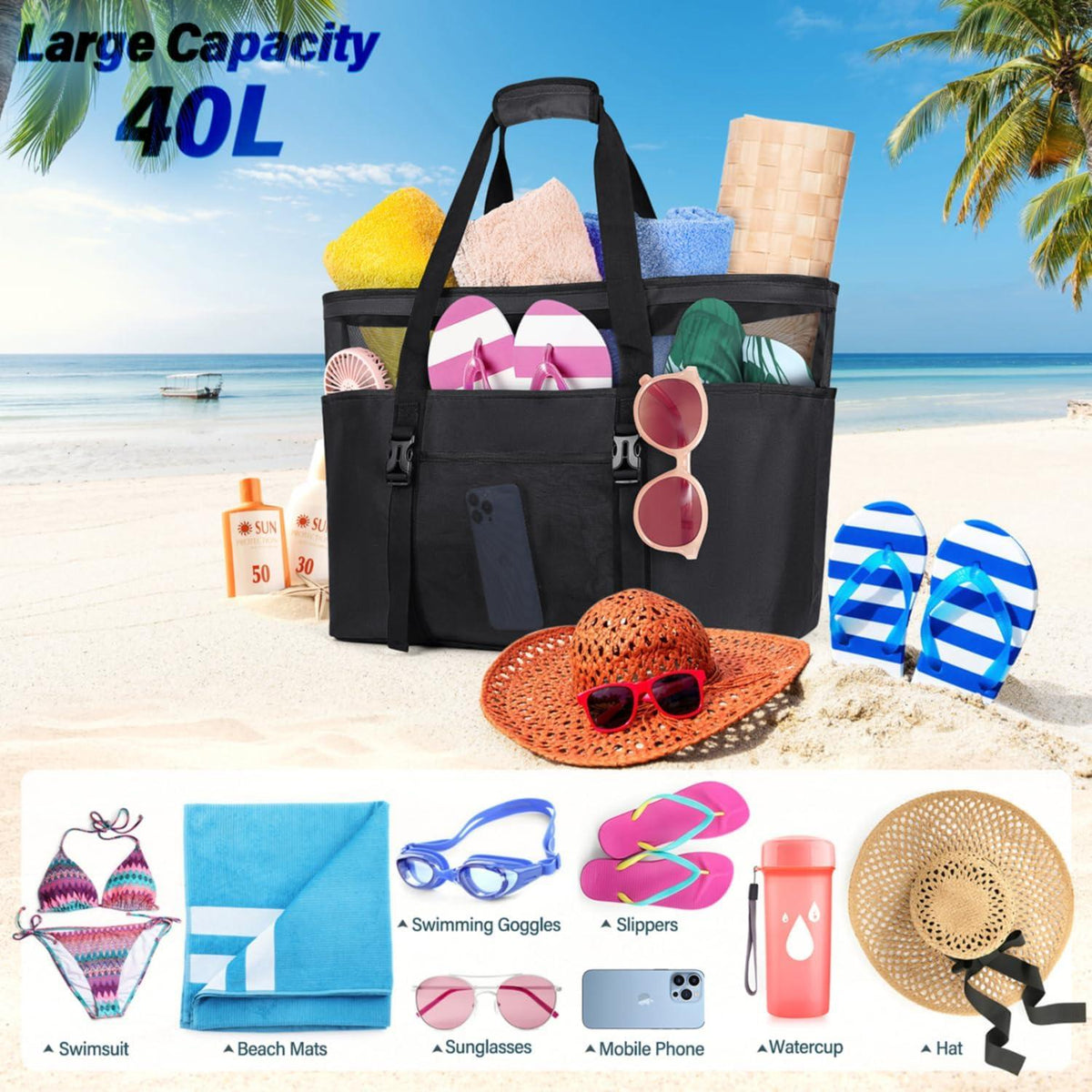 Strandtasche XXL Damen Wasserdicht Schwarz Faltbar mit Reißverschluss