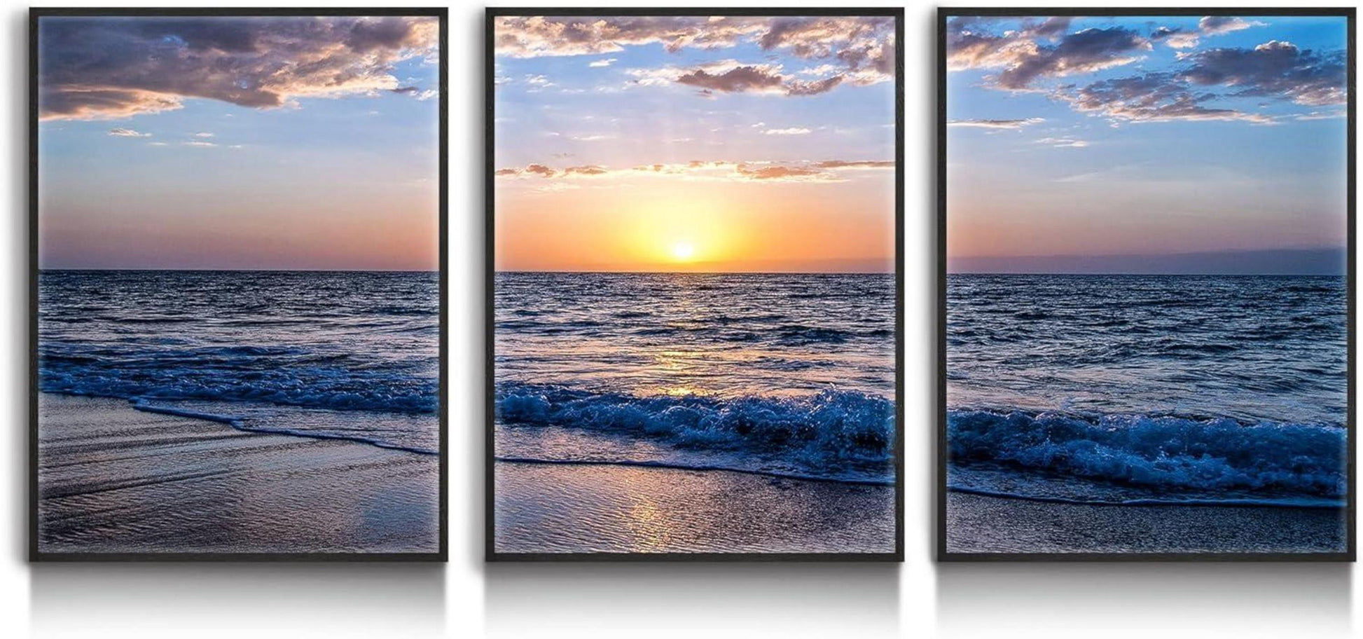 Moderne Schwarz Leinwandbilder Sonnenuntergang Strand 3er Set