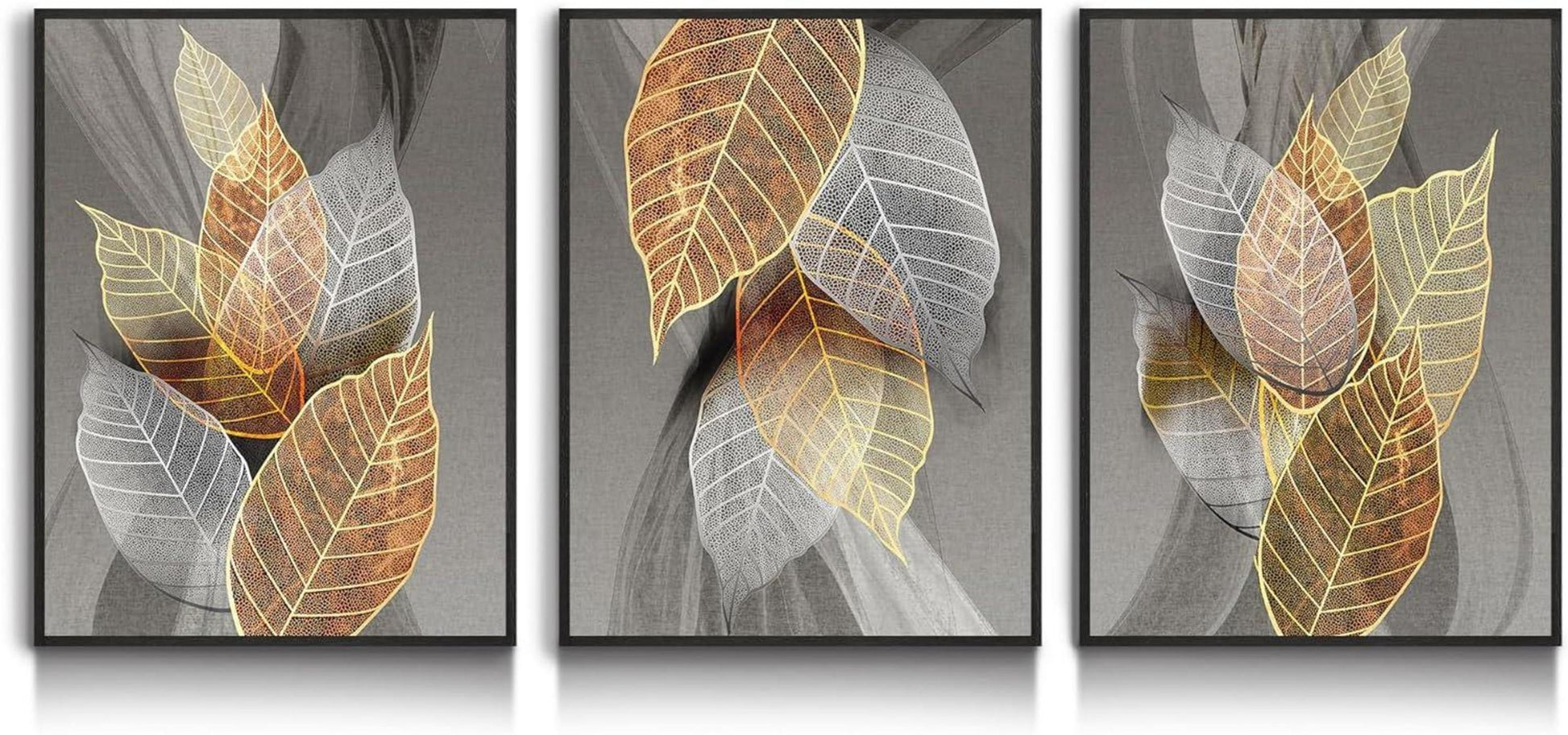 Blätter Bilder Rahmen Schwarz Natur Golden Wandbild modern 30x40cm Set