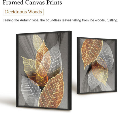 Moderne Blätter Bilder mit Rahmen Schwarz-Gold Natur 3er Set