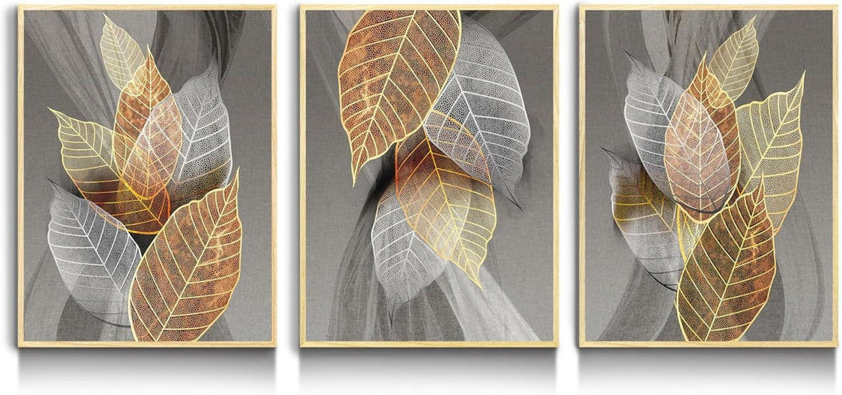 Moderne Blätter Wandbilder mit Rahmen Holz Golden Natur 30x40cm 3er