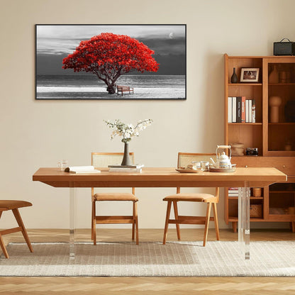 Rotes Baum Bild mit Rahmen Schwarz Leinwand 50x100cm - Modernes