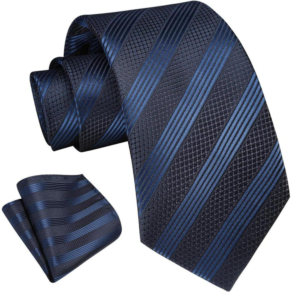 Krawatten-Set Herren mit Einstecktuch, kariert/gestreift, navyblau