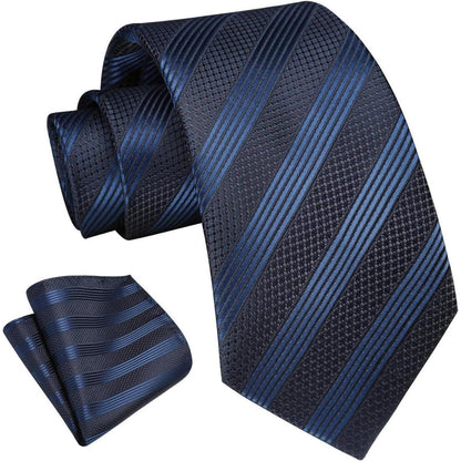 Krawatten-Set Herren mit Einstecktuch, kariert/gestreift, navyblau