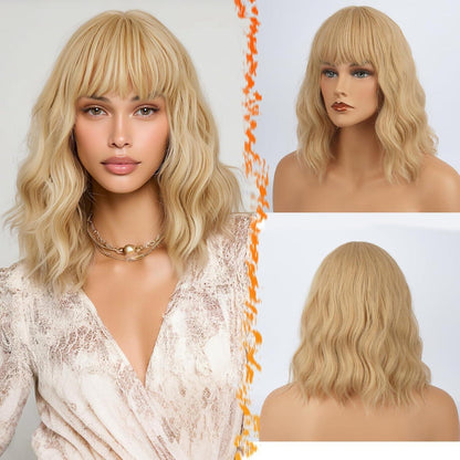 Kurze Bob Perücke Blond Synthetisch Lockig 35cm Party
