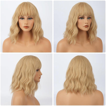 Kurze Bob Perücke Blond Synthetisch Lockig 35cm Party