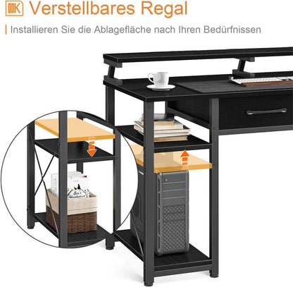 ODK Schreibtisch mit Regalen und Schubladen, Computertisch mit Monitorständer, Bürotisch mit Bücherregal 120x50x87cm Schwarz