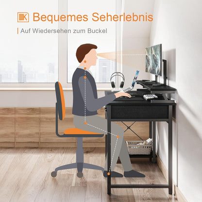 ODK Schreibtisch 120x50x87cm, Schwarz, Monitorständer, Regale, 2 Schubladen