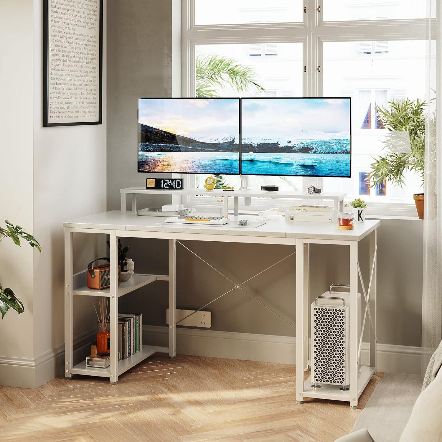 Weißer ODK Schreibtisch mit Regal und Monitorständer 120x50cm